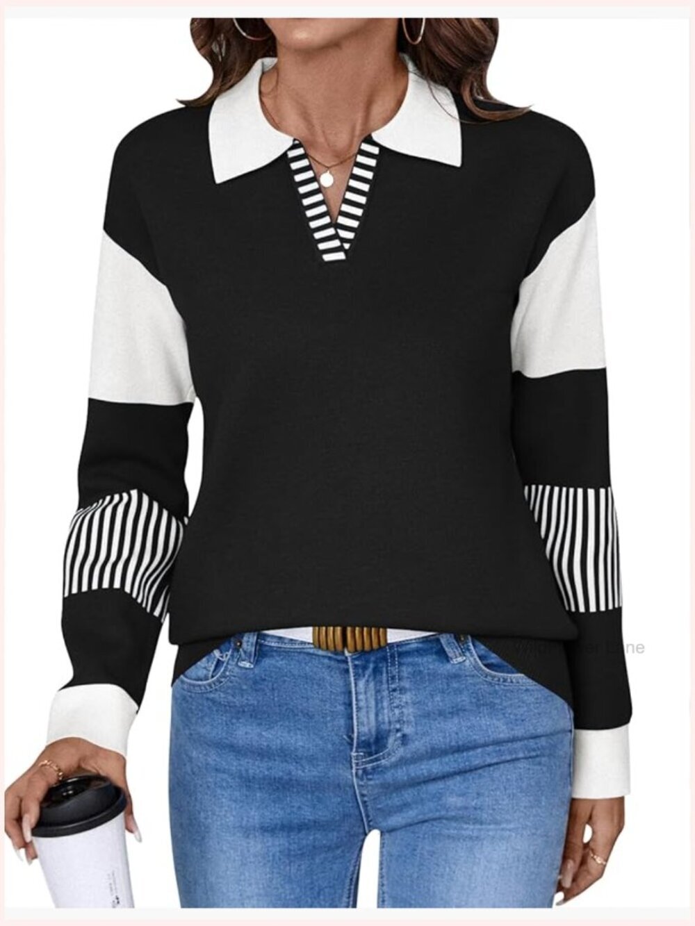 Women’s V-Neck Color Block Striped Long Sleeve Knit Pullover Jumper Sweater,